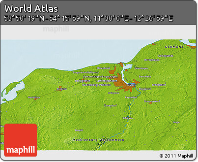 Physical 3D Map of the Area around 54° 3' 9" N, 11° 58' 29" E