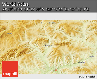 Physical 3D Map of the Area around 54° 3' 9" N, 120° 46' 30" E