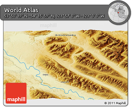 Physical 3D Map of the Area around 54° 3' 9" N, 121° 28' 29" W