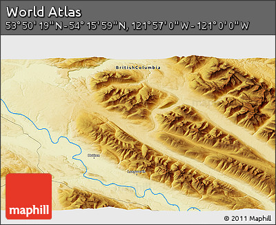 Physical 3D Map of the Area around 54° 3' 9" N, 121° 28' 29" W