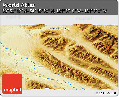 Physical 3D Map of the Area around 54° 3' 9" N, 121° 28' 29" W