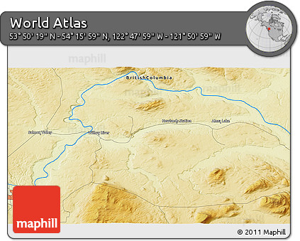Physical 3D Map of the Area around 54° 3' 9" N, 122° 19' 29" W