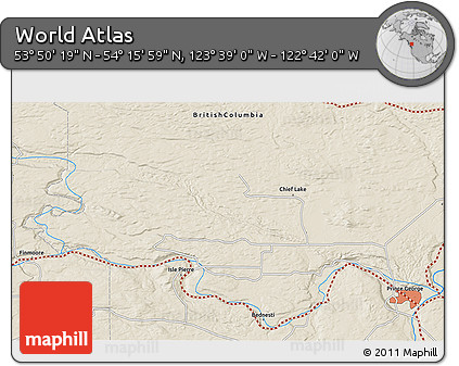 Shaded Relief 3D Map of the Area around 54° 3' 9" N, 123° 10' 30" W