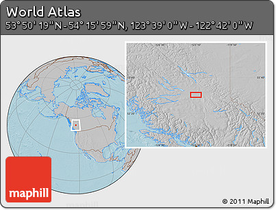 Gray Location Map of the Area around 54° 3' 9" N, 123° 10' 30" W, hill shading