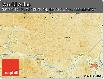 Physical Map of the Area around 54° 3' 9" N, 123° 10' 30" W