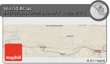 Shaded Relief Panoramic Map of the Area around 54° 3' 9" N, 123° 10' 30" W
