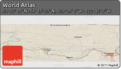 Shaded Relief Panoramic Map of the Area around 54° 3' 9" N, 123° 10' 30" W