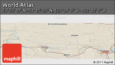 Shaded Relief Panoramic Map of the Area around 54° 3' 9" N, 123° 10' 30" W