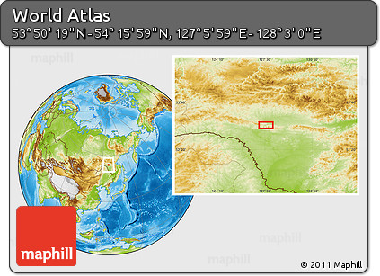 Physical Location Map of the Area around 54° 3' 9" N, 127° 34' 30" E