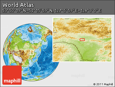 Physical Location Map of the Area around 54° 3' 9" N, 127° 34' 30" E