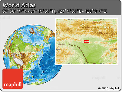 Physical Location Map of the Area around 54° 3' 9" N, 127° 34' 30" E