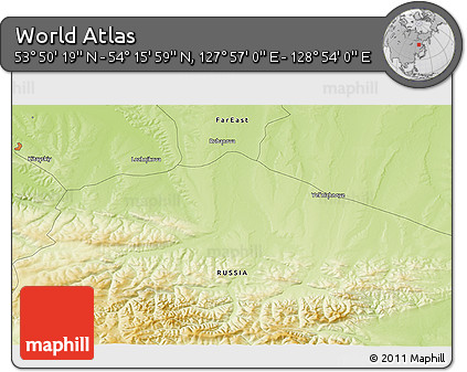 Physical 3D Map of the Area around 54° 3' 9" N, 128° 25' 30" E