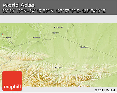 Physical 3D Map of the Area around 54° 3' 9" N, 128° 25' 30" E