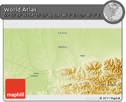 Physical 3D Map of the Area around 54° 3' 9" N, 129° 16' 30" E