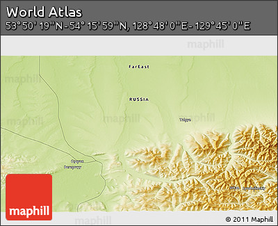 Physical 3D Map of the Area around 54° 3' 9" N, 129° 16' 30" E