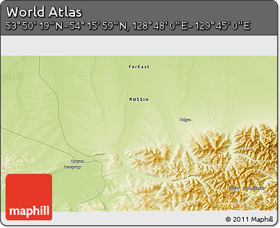 Physical 3D Map of the Area around 54° 3' 9" N, 129° 16' 30" E