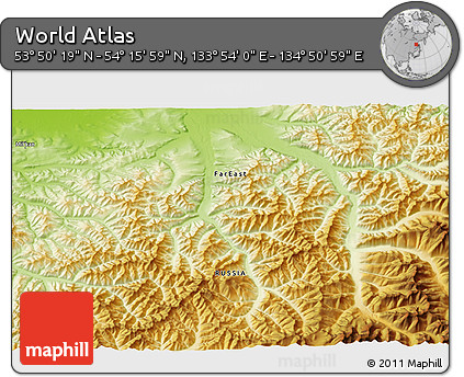 Physical 3D Map of the Area around 54° 3' 9" N, 134° 22' 30" E