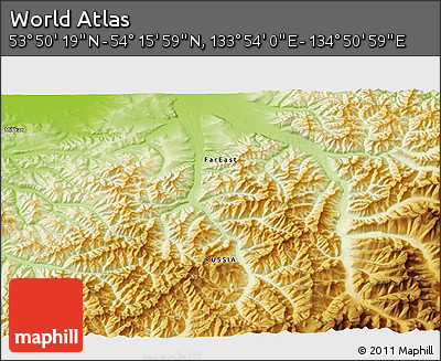 Physical 3D Map of the Area around 54° 3' 9" N, 134° 22' 30" E