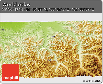 Physical 3D Map of the Area around 54° 3' 9" N, 134° 22' 30" E