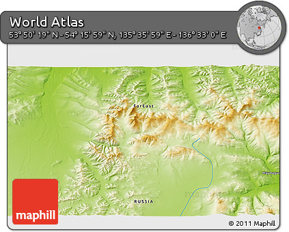 Physical 3D Map of the Area around 54° 3' 9" N, 136° 4' 29" E