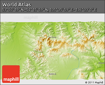 Physical 3D Map of the Area around 54° 3' 9" N, 136° 4' 29" E