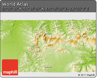 Physical 3D Map of the Area around 54° 3' 9" N, 136° 4' 29" E