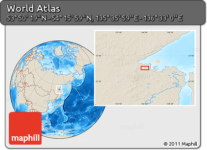 Shaded Relief Location Map of the Area around 54° 3' 9" N, 136° 4' 29" E