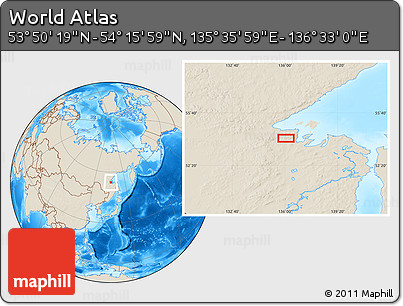 Shaded Relief Location Map of the Area around 54° 3' 9" N, 136° 4' 29" E