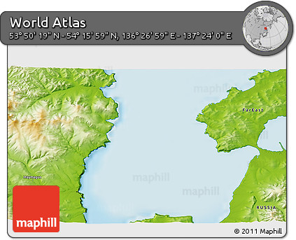 Physical 3D Map of the Area around 54° 3' 9" N, 136° 55' 30" E