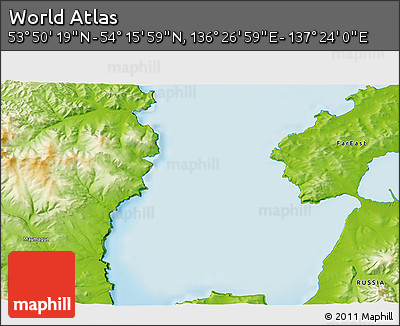 Physical 3D Map of the Area around 54° 3' 9" N, 136° 55' 30" E