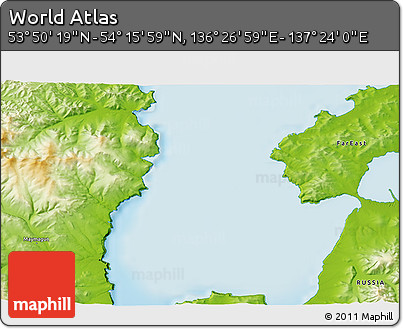 Physical 3D Map of the Area around 54° 3' 9" N, 136° 55' 30" E