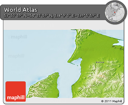 Physical 3D Map of the Area around 54° 3' 9" N, 138° 37' 30" E