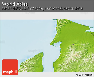Physical 3D Map of the Area around 54° 3' 9" N, 138° 37' 30" E
