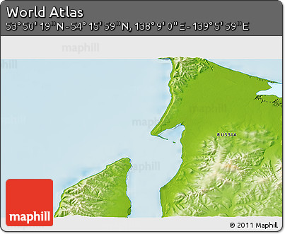 Physical 3D Map of the Area around 54° 3' 9" N, 138° 37' 30" E