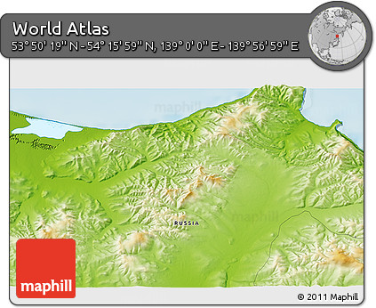 Physical 3D Map of the Area around 54° 3' 9" N, 139° 28' 29" E
