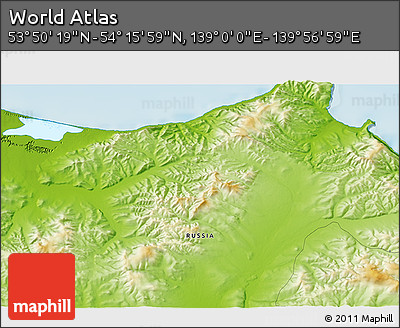 Physical 3D Map of the Area around 54° 3' 9" N, 139° 28' 29" E