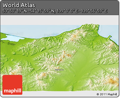 Physical 3D Map of the Area around 54° 3' 9" N, 139° 28' 29" E