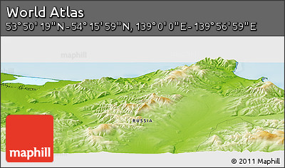 Physical Panoramic Map of the Area around 54° 3' 9" N, 139° 28' 29" E