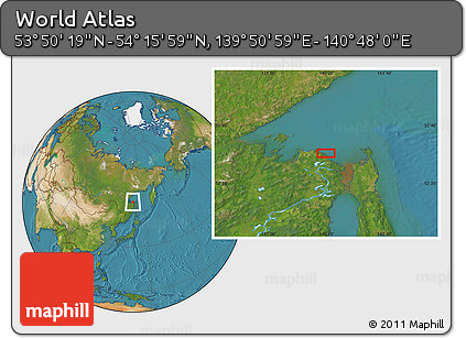 Satellite Location Map of the Area around 54° 3' 9" N, 140° 19' 29" E
