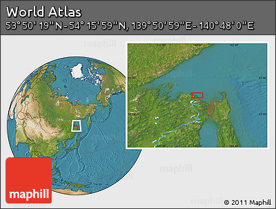 Satellite Location Map of the Area around 54° 3' 9" N, 140° 19' 29" E