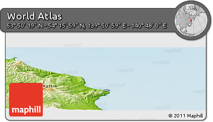 Physical Panoramic Map of the Area around 54° 3' 9" N, 140° 19' 29" E