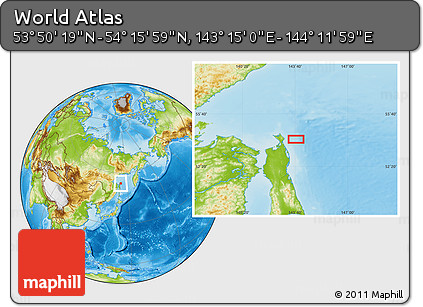 Physical Location Map of the Area around 54° 3' 9" N, 143° 43' 29" E