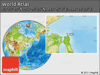 Physical Location Map of the Area around 54° 3' 9" N, 143° 43' 29" E