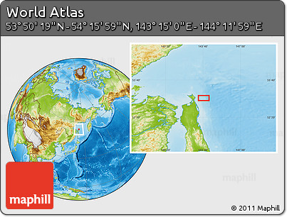 Physical Location Map of the Area around 54° 3' 9" N, 143° 43' 29" E