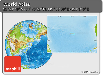 Physical Location Map of the Area around 54° 3' 9" N, 149° 40' 30" E