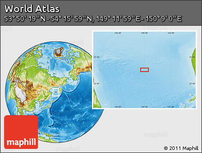 Physical Location Map of the Area around 54° 3' 9" N, 149° 40' 30" E