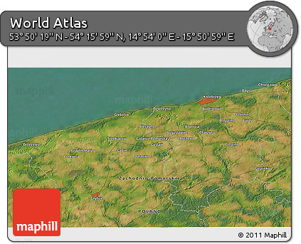 Satellite 3D Map of the Area around 54° 3' 9" N, 15° 22' 30" E