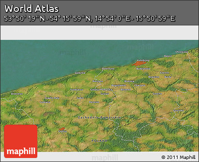 Satellite 3D Map of the Area around 54° 3' 9" N, 15° 22' 30" E