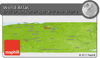 Physical Panoramic Map of the Area around 54° 3' 9" N, 16° 13' 30" E