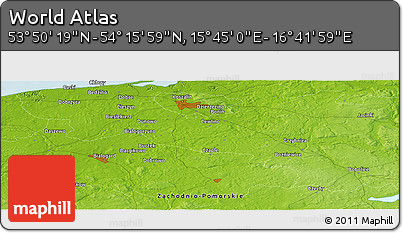 Physical Panoramic Map of the Area around 54° 3' 9" N, 16° 13' 30" E